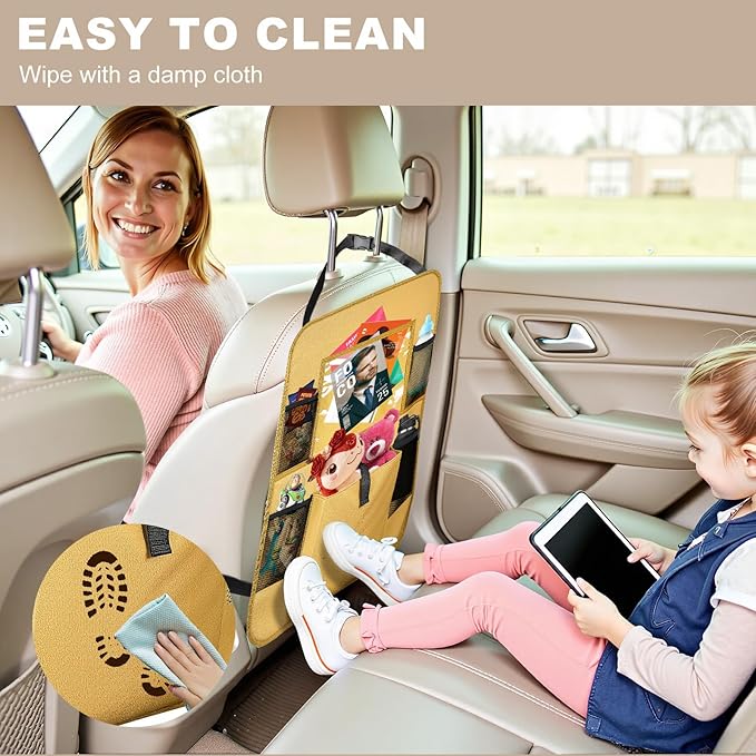 Car Backseat Organizer with Tablet Holder, 6 Storage Pockets Seat Back Protectors Kick Mats for Kids, Car Seat Protector for Road Trips 2 Pack (Beige)