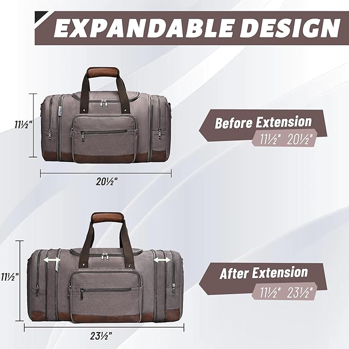 Wolhbege Duffle Bag for Travel,Mens Travel Bag & Carry On Bag for Men with Expandable Design and Luggage Sleeve –Duffel Bag for Gym, Weekender,Canvas,Overnight Trips Grey