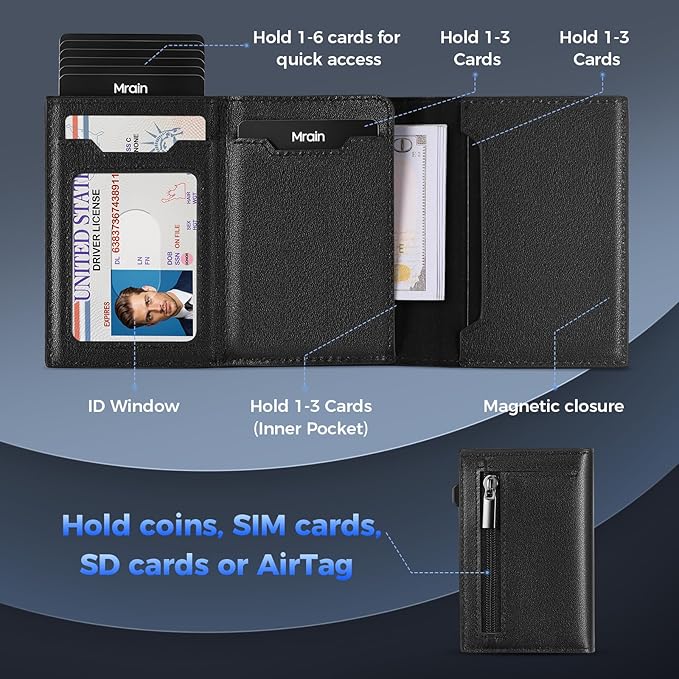 Mrain Mens Slim Minimalist Wallet Card Holder with Coin Pocket, Cash Slot, Magnetic Closure, Pop Up Aluminum Case, ID Window, Leather Wallet, RFID Blocking, 9-13 Card Capacity (Black)