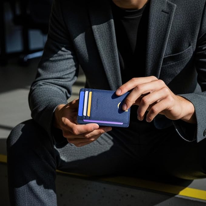 Buffway Slim Minimalist Front Pocket RFID Blocking Leather Wallets for Men and Women - Cross Blue