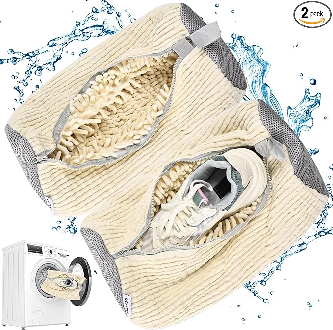 Shoe Bag for Washing Machine, Sneaker Cleaning Bag 2 PCS Set Pearl White, Fluffy Fiber Inside, Large Size Shoe Washing Machine Bag, 360 Laundry Bag for Tennis Gym Running Trainers Hiking