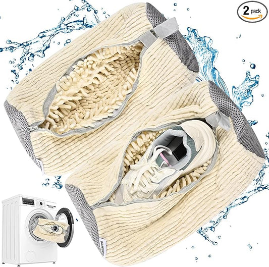 Shoe Bag for Washing Machine, Sneaker Cleaning Bag 2 PCS Set Pearl White, Fluffy Fiber Inside, Large Size Shoe Washing Machine Bag, 360 Laundry Bag for Tennis Gym Running Trainers Hiking