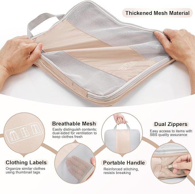 8 Set Compression Packing Cubes for Travel Essentials,Compressible Expandable Packing Cubes for Suitcase,OlarHike Luggage Organizer Bags for Travel,Handy Helper for Organizing Clothes(Beige)