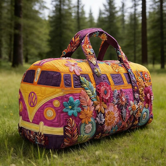 Hippie Journey Quilted Duffel Bag Hippie Van Travel Duffel Bag Vintage Floral Weekender Overnight Bags Women Gym Bags