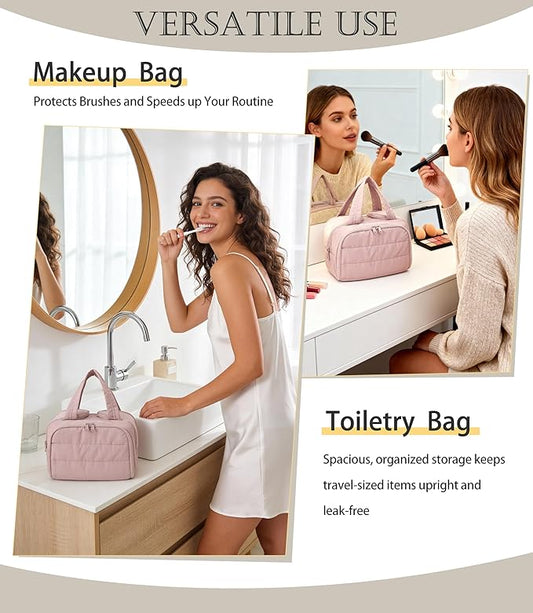 Travel Toiletry Bag for Women, Large Wide-open Puffy Cosmetic Makeup Bag with Wet-Dry Separation, Multi-Pocket Organizer with Carry Handle for Toiletries, Cosmetics, Essentials, Light Pink