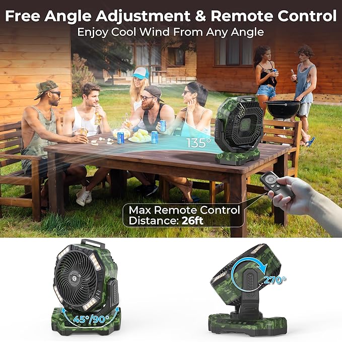 40000mAh Camping Fan with Light - 12in Rechargeable Battery Powered Fan (136H Cool Max), 90°Auto Oscillating with Remote & Charger, 4 Speeds & Timers for Outdoor/Patio/Garage/Jobsite/Hurricane/Outage