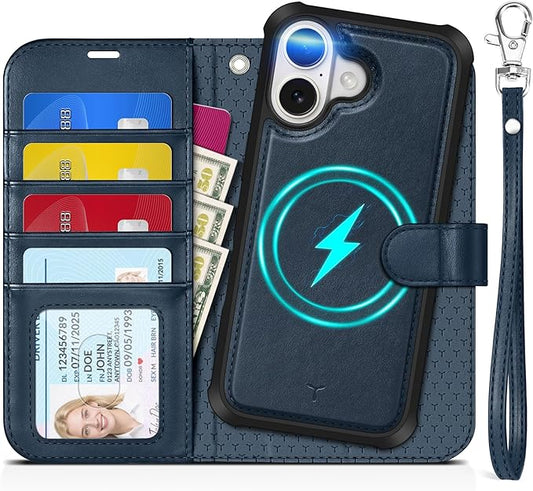 TUCCH 2-in-1 Detachable Wallet Case for iPhone 17 (6.3-inch) 2025, RFID Blocking | 4 Card Holders | Wireless Charging | Wrist Strap | Kickstand | Magnetic | PU Leather Protective Cover | Dark Blue