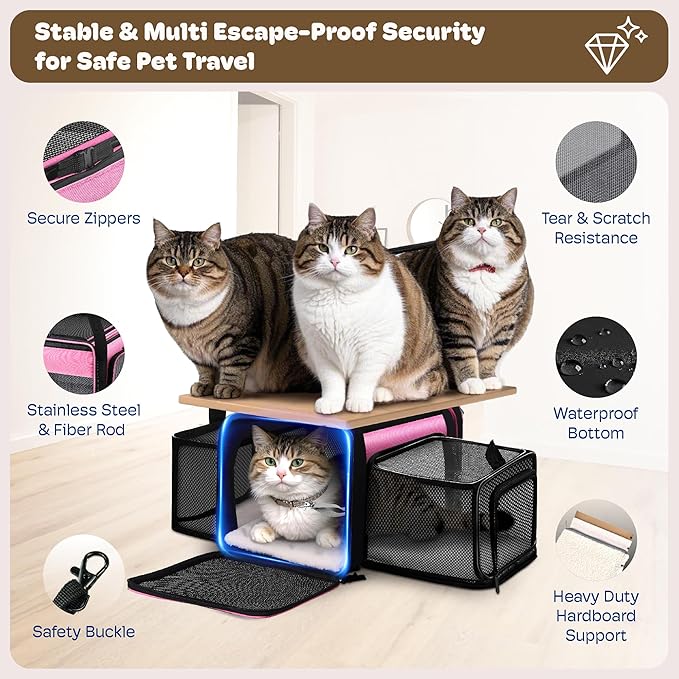 Top and 2 Sides Expandable Cat Carrier 17x11x11, TSA Airline Approved Dog Carriers for Medium Dogs, Soft-Sided Pet Carrier with Self-Locking Zippers for Kitten,Rabbit, Puppy, Guinea Pig Pink