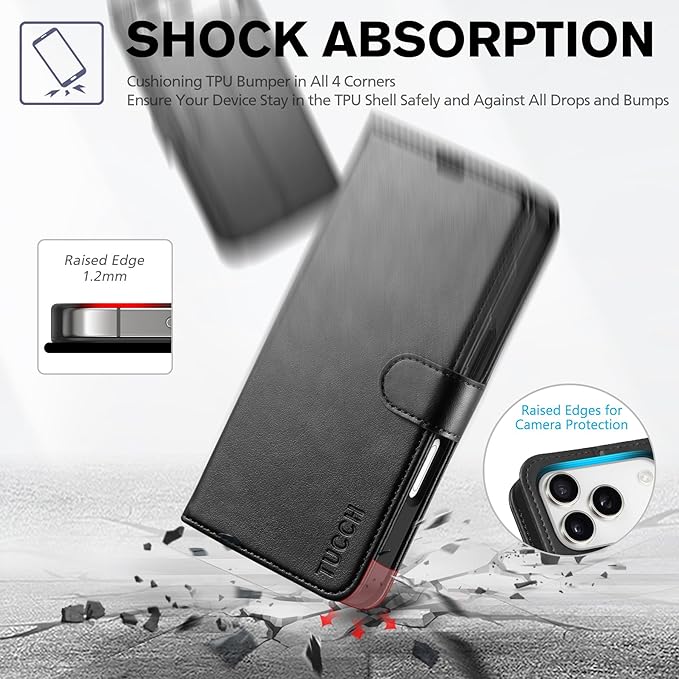 TUCCH Wallet Case for iPhone 17 Pro (6.3") 2025, RFID Blocking 4 Card Holders | Kickstand | Shockproof TPU Shell | PU Leather | Magnetic Closure | Protective Flip Folio Cover | Black