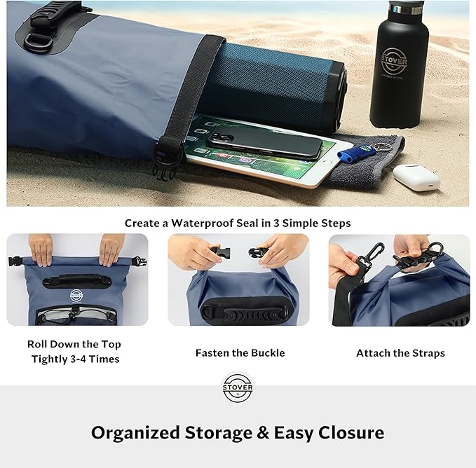 STOVER 5/10/25/30/40/55L Waterproof Dry Bag- Roll-Top Backpack w/Phone Case- Kayaking, Hiking, Camping, Boating- Men/Women