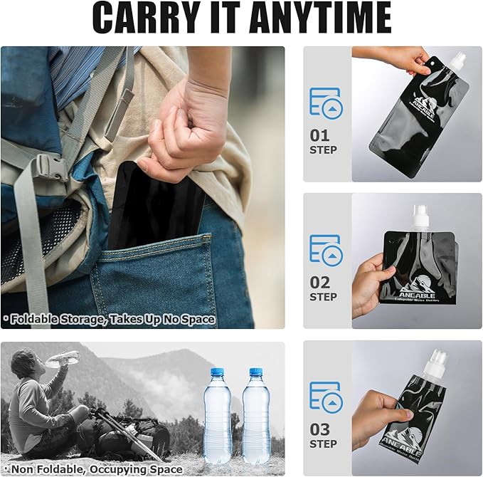 17oz Collapsible Water Bottles, 6-Pack Reusable Travel Foldable Water Bottles for Hiking Camping Running Bike, BPA-Free Water Bottle