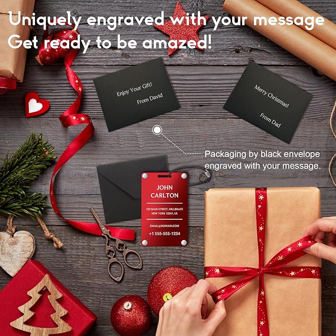 Personalized Luggage Tags for Suitcases - Aluminum Custom Luggage Tags for Backpacks & Bags, Sturdy, Waterproof & Heavy Duty (Red/Card-Sized) (SleekBarRed)