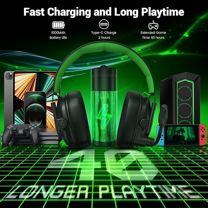 Wireless Gaming Headset with Noise Canceling Microphone for PC, PS5, PS4, Switch, Mac, 2.4 GHz Wireless & Bluetooth 5.4 Gaming Headphones, Cool RGB Lighting, 40Hr Battery, 50mm Drivers(Black Green)