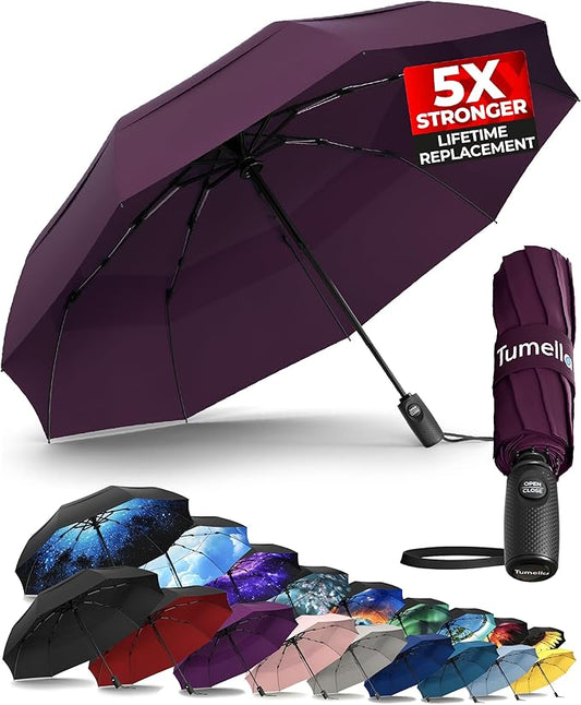 TUMELLA Strongest Windproof Travel Umbrella (Compact, Superior & Beautiful), Small Strong but Light Portable and Automatic Folding Rain Umbrella, Durable Premium Grip, Fits Car & Backpack