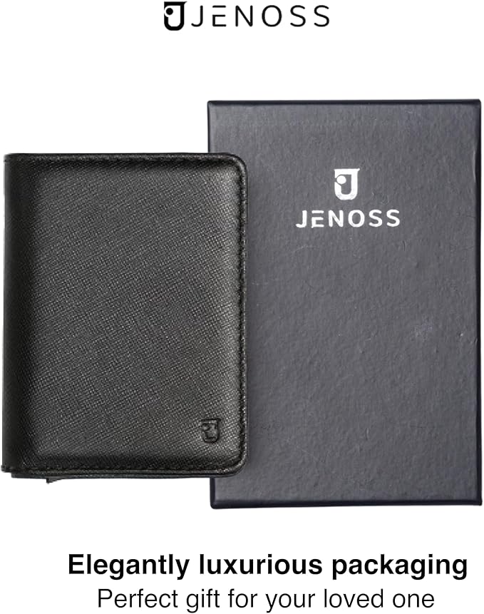 Vincenzo Smart Wallet For Men: Full Grain Leather, Handcrafted, Slide Metal Pop Up Case, Slim RFID Blocking Credit Card Holder, Minimalist, Compact, Front Pocket - 8-12 Organizers | Money Clip (Black)