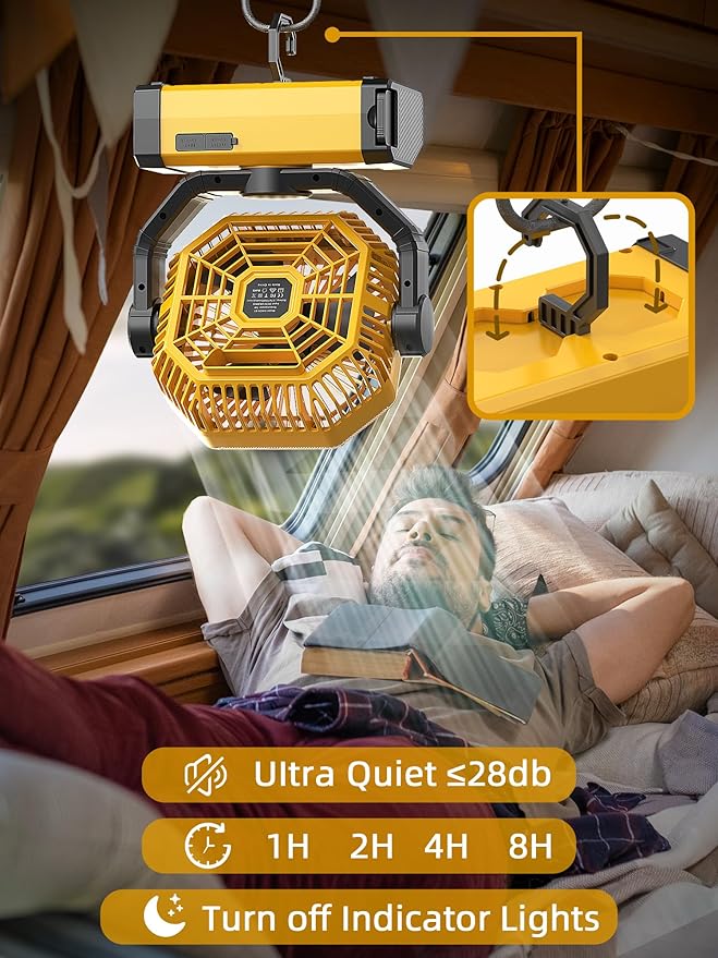 Orteen Rechargeable 9-Inch Portable Table Fan, 20000mAh Battery Powered Camping Fan with Auto Oscillation, Remote Control, LED Light, Hook - 20000mAh-Yellow