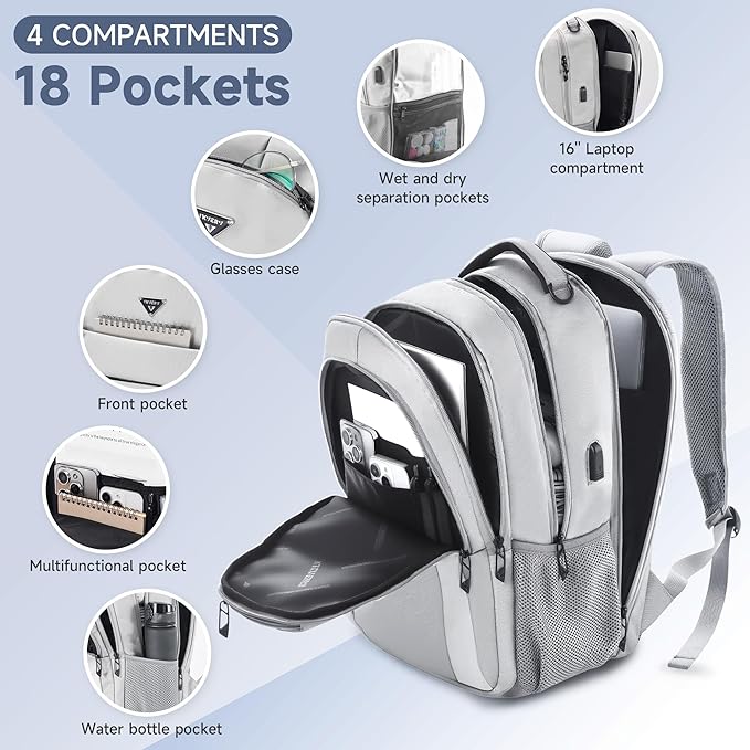 Multipocket TSA Travel Laptop Backpack for Men & Women, Anti-Theft Work Business Backpack with USB Charging Port, Airline Approved Personal Item Bag,Water-Resistant Computer Bag Fits 16 Inch Notebook