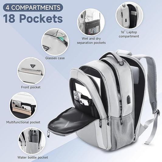 Multipocket TSA Travel Laptop Backpack for Men & Women, Anti-Theft Work Business Backpack with USB Charging Port, Airline Approved Personal Item Bag,Water-Resistant Computer Bag Fits 16 Inch Notebook
