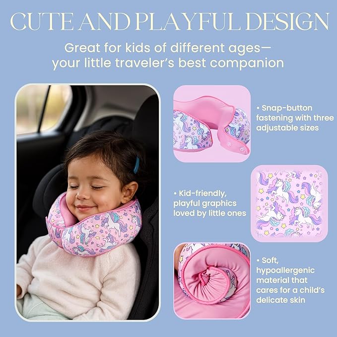 SKYTRAX® Certified Kids Safe Memory Foam Travel Neck Pillow for Kids and Toddlers, Cute Cartoon Design, Car Seat & Airplane Head Neck Support, Adjustable Snap Button, Washable Soft Cover (Unicorn)