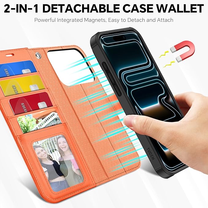 TUCCH Detachable Case Wallet for iPhone 17 Pro (6.3") 2025, Wrist Strap | 4 Card Slots RFID Blocking | Wireless Charging | Stand | 2-in-1 Magnetic | PU Leather | Shockproof Folio Cover | Orange