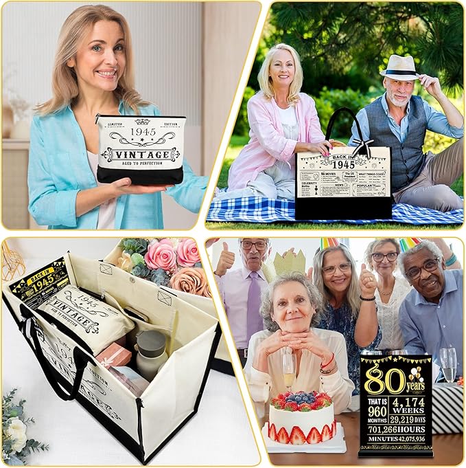 80th Birthday Gifts for Women Canvas Tote Bag Travel Gear, Unique 80 Years Old Birthday Gifts for Mom Wife Aunt Friends Her, Vintage 1945 Handbag & Cosmetic Bag & Back in 1945 Poster