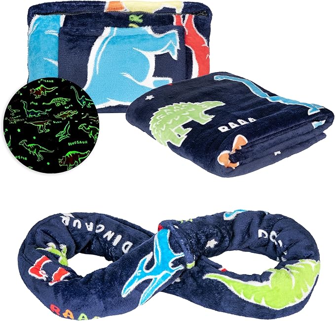 NAPRO Kids 3-in-1 Travel Blanket and Pillow Combo, Convertible Infinity Scarf, Lightweight Neck Support for Airplane, Car & Camping, Glow-in-The-Dark - Dinosaur
