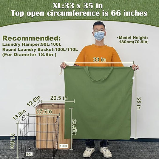Canvas Laundry Bag 33"x 35", Thick Cotton Laundry Bag with Handles & Drawstring, Extra Large Heavy Duty Washable Basket Liner Hamper Liner Canvas Storage Sack (XL ArmyGreen)