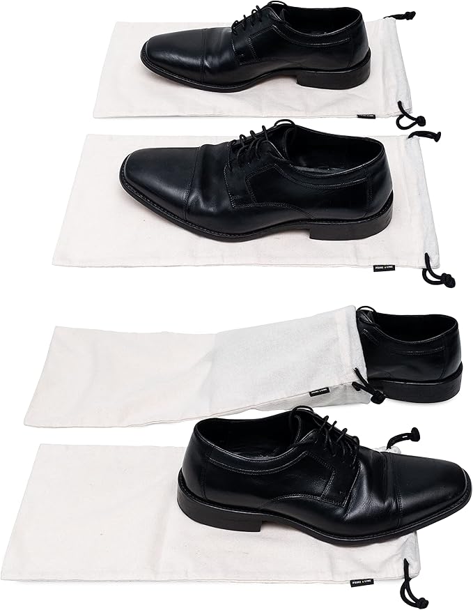 ZENPAC Cloth Shoe Bags for Travel, Beige Duster Flannel Pouch with Drawstring Closure, Washable Breathable Cotton Fabric for Luggage, 8x17, 4 Pack