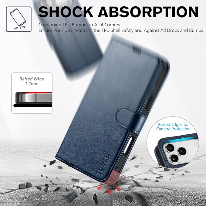 TUCCH Case Wallet for iPhone 17 Pro Max (6.9") 2025, Stand, RFID Blocking, 4 Card Holders, TPU Shockproof Inner Shell, PU Leather, Magnetic Closure Folio Protective Cover, Dark Blue