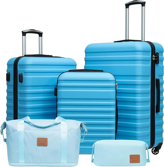 Coolife Suitcase Set 3 Piece Luggage Set Carry On Hardside Luggage with TSA Lock Spinner Wheels (Sky Blue, 5 piece set)
