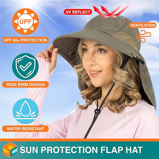 SUN CUBE Wide Brim Sun Hat with Neck Flap, UPF50+ Hiking Safari Fishing Hat for Men Women, Sun Protection Beach Hat