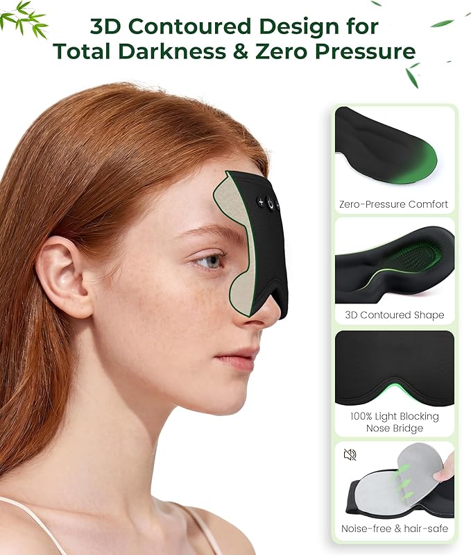MUSICOZY Bamboo 3D Bluetooth Sleep Mask Headphones, Ultra-Soft Bamboo Fiber Wireless Sleep Headphones, Ultra-Thin Speakers, Double-Layer Detachable Eye Mask for Side Sleepers, Gifts for Men Women
