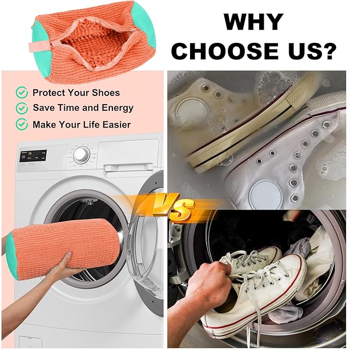 Shoe Washing Machine Bag - Laundry Shoe Bag (2-Pack) Includes 3 Laundry Bags, Reusable, Washer & Dryer Safe, 360° Deep Cleaning for All Shoe Types, Self-Locking Zipper(Orange)