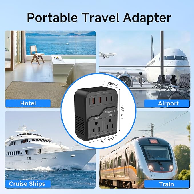 2000W Voltage Converter US to Europe, 220V to 110V Converter for Hair Dryer, 7-in-1 European Travel Plug Adapter with 3AC/2USB-A/2USB-C (PD20W), Travel Essentials with US/JP/FR/DE/UK/AU/EU