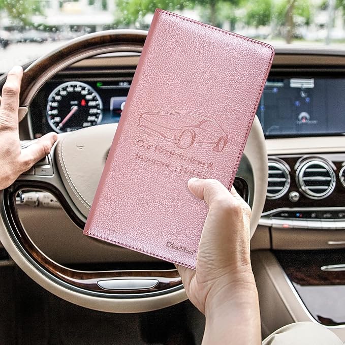 Car Insurance and Registration Holder, 9.5 x 5 Inch PU Leather Vehicle Glove Box Organizer Wallet Case for Insurance Card, Driver License, Paperwork - Rose Gold