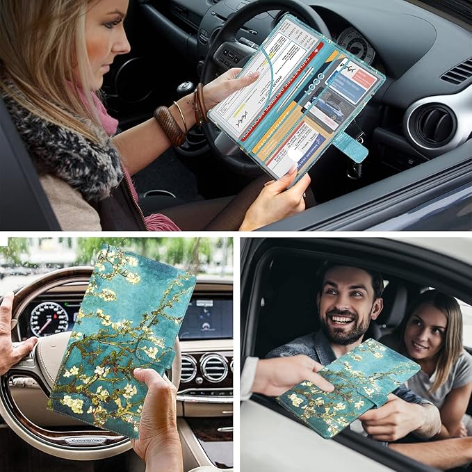 DMLuna Car Registration and Insurance Holder, Leather Vehicle Card Document Glove Box Organizer, Auto Truck Compartment Accessories for Essential Information, Driver License Cards, Almond Blossom