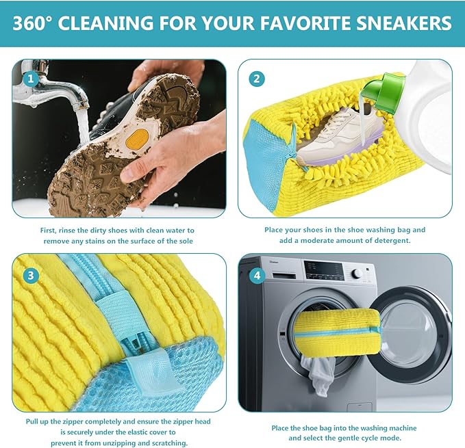 Shoe Washing Machine Bag - 2Pack Laundry Shoe Bag for Washer and Dryer, Reusable Shoe Cleaning Bag for All Shoe Sizes, 360° Deep Clean for Tennis Shoes, Sneakers, Includes 1 Brush (Yellow)