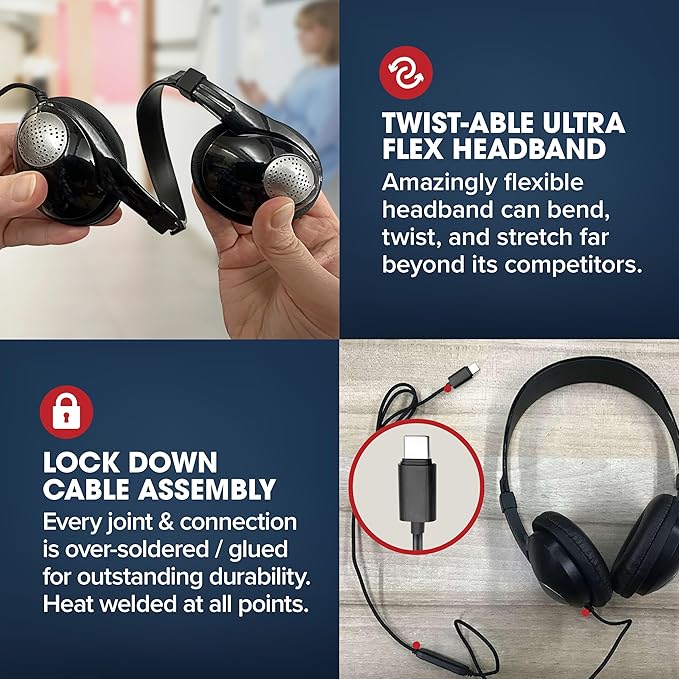 SENTRY Bulk Rugged School Headphones, Durable for Kids, Students, Teachers, Classrooms, 3.5mm or USB-C Jack Options, Optional Boom Mic for Online Learning (8 Count - USB C Inline Mic, 8, Count)