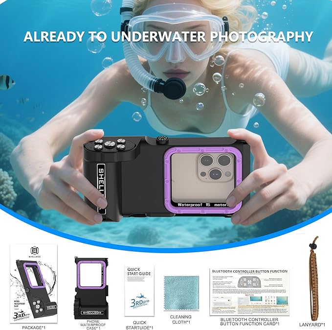 ShellBox Case Bluetooth Diving Phone Cover Housing – IP68 Waterproof 50FT/15M, Universal Fit with iPhone/Samsung/Android – Underwater Filming Photo Video for Snorkeling, Scuba Swimming, Black Purple