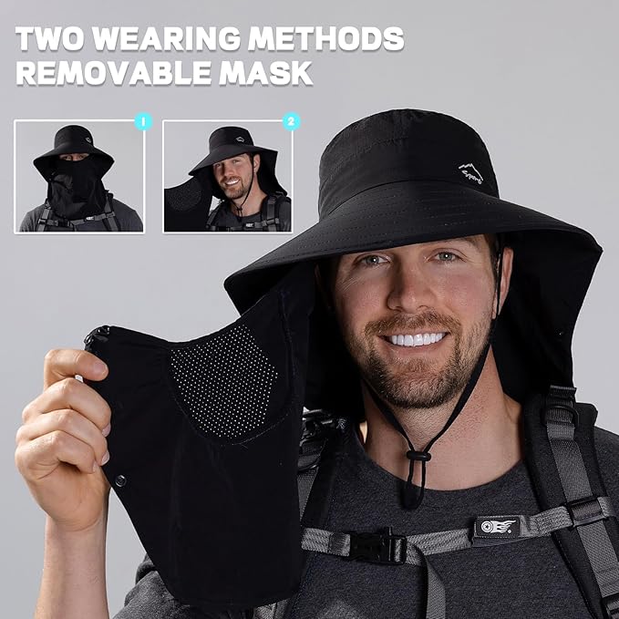 Rosoz Sun Hat for Men Women with Neck Flap,Wide Brim UPF50+ Fishing Hat with Detachable Face Cover Outdoor Sun Protection Hat