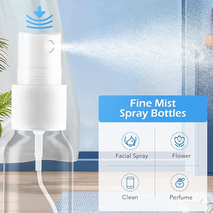 Spray Bottles, 2oz/50ml, 3.4oz/100ml Clear Empty Fine Mist Plastic Mini Travel Bottle Set, Small Refillable Liquid Containers with 2pcs Funnels and 24pcs Labels (4 Pack)