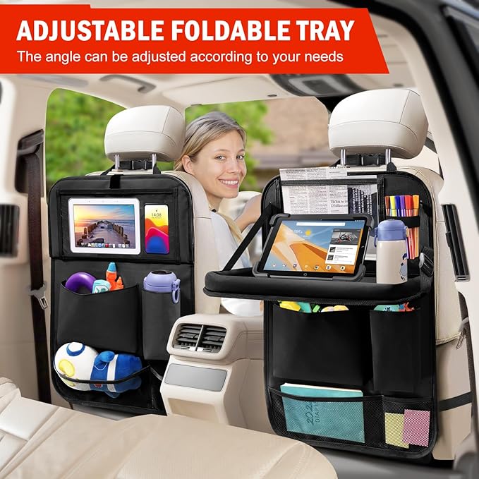 2Pack Car Backseat Organizer with Foldable Table Tray,6 Storage Pockets Car Storage Organizer with Tablet Holder,Car Seat Back Protectors Kick Mats Travel Accessories (Black)