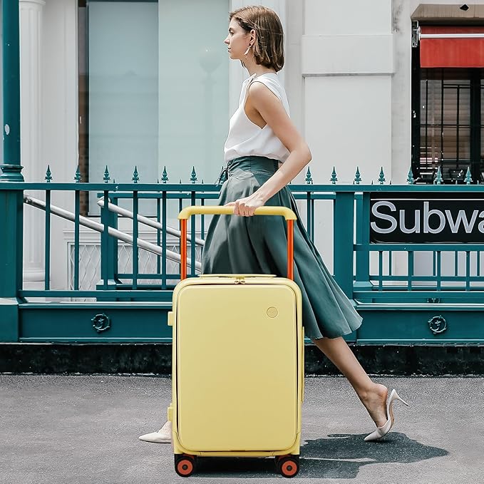 mixi Carry On Luggage Wide Handle Luxury Design Rolling Travel Suitcase PC Hardside with Aluminum Frame Hollow Spinner Wheels, with Cover, 20 inch, Lark Yellow