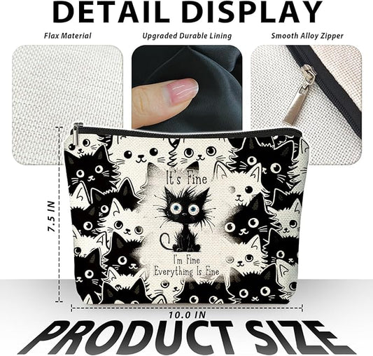 Funny Cat Makeup Bag for Women & Teen Girls, It's Fine I'm Fine Everything Fine Travel Pouches for Toiletries, Kitty Cosmetic Zipper Travel Toiletry Bag, Cute Black Cat Gifts for Cats Gifts Lovers