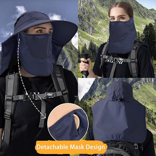 Sun Hats for Men Women Detachable Face Cover Wide Brim Fishing Hats with Neck Flap UPF 50+ Outdoor Safari Hats
