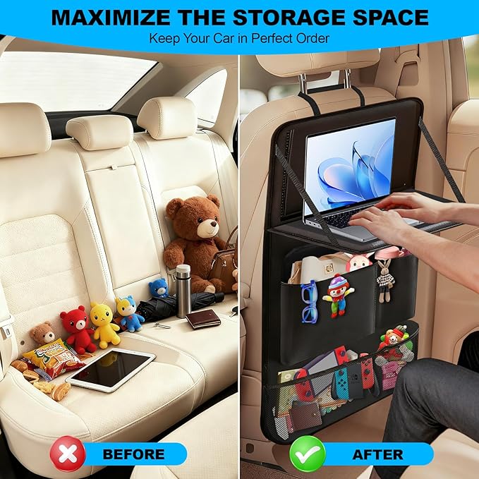 BLYPHOO Car Backseat Organizer: Back Seat Storage Organizer for Kids with Tablet Holder, Heavy Duty Back Seat Protector with Foldable Table Tray, Kick Mats w/Pockets, Road Trip Essentials, 2 Count