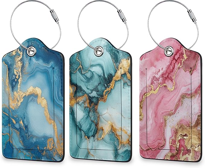 Colorful Marble Luggage Tags for Suitcases, 3 Pack Leather Bag Tag Identifiers with Stainless Steel Loop and Address Card for Men Women