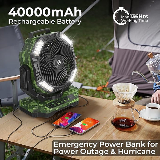 40000mAh Camping Fan with Light - 12in Rechargeable Battery Powered Fan (136H Cool Max), 90°Auto Oscillating with Remote & Charger, 4 Speeds & Timers for Outdoor/Patio/Garage/Jobsite/Hurricane/Outage