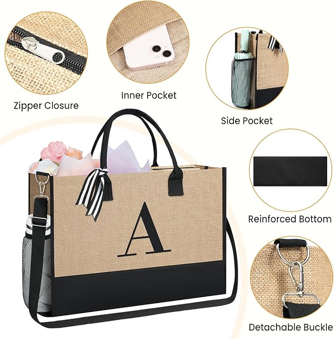 BAGAIL Initial Tote Bag, Personalized Birthday Gifts for Women, Teacher, Friends, Mom, Wedding, Monogrammed Beach Bag