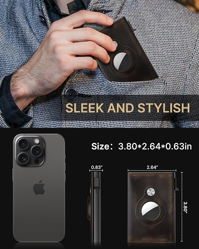 typecase Mens Wallet Card Holder for AirTag: Leather Smart Wallet for Men Compatible with Apple Air Tag, RFID Blocking, Slim, Minimalist - 9-14 Card Capacity | ID Window | Cash Slot (Burnished Black)